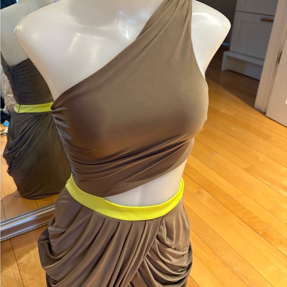 bebe One-Shoulder Brown Dress with Yellow Accent